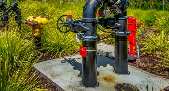 Black outdoor pipes with valves surrounded by green grass and plant life.