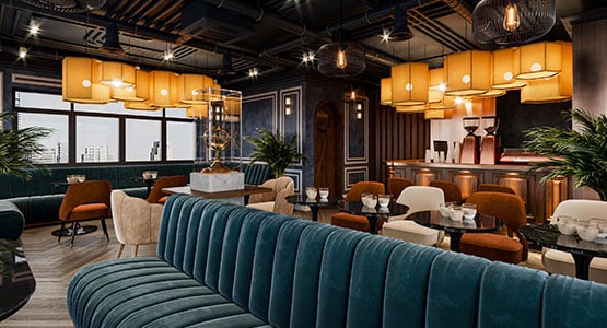 Elegant lounge interior with teal velvet sofas, warm lighting, and a stylish bar area.