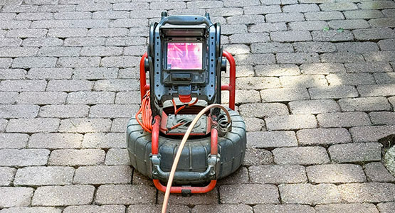 Sewer camera on a stone pavement, used for pipeline inspection.