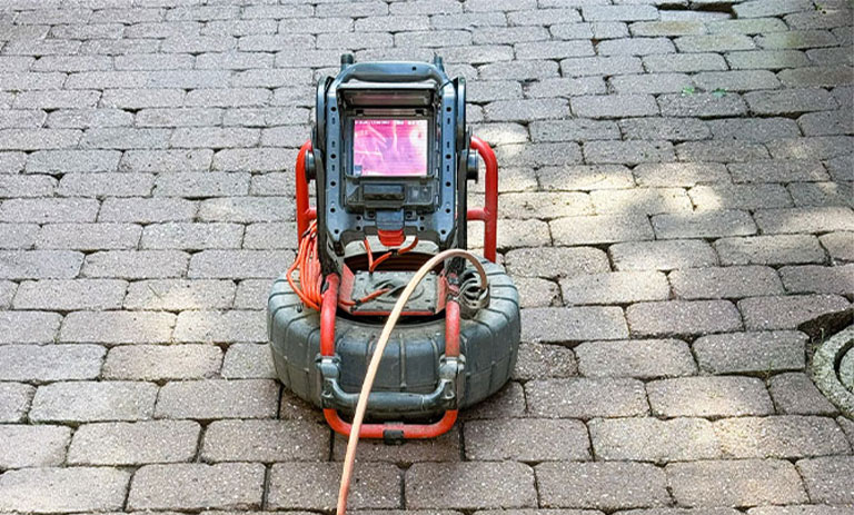 Sewer inspection camera on cobblestone pavement displaying pipe interior on screen.